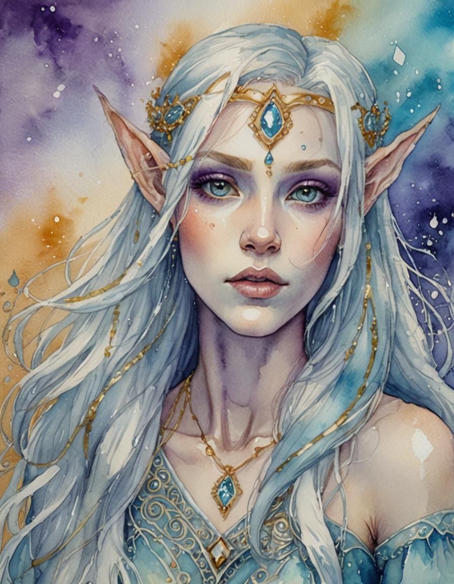 Ethereal Snow Elf Portrait in Watercolor Style