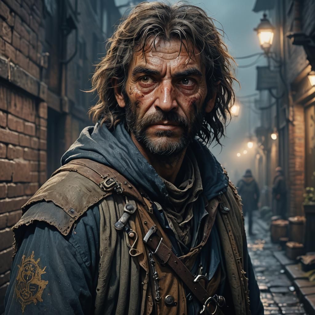 Medieval Beggar in Foggy Alley: Detailed Matte Painting