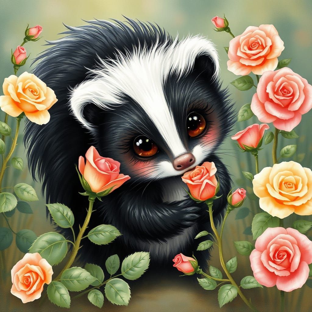 Skunk Smelling Roses in Beatrix Potter Style