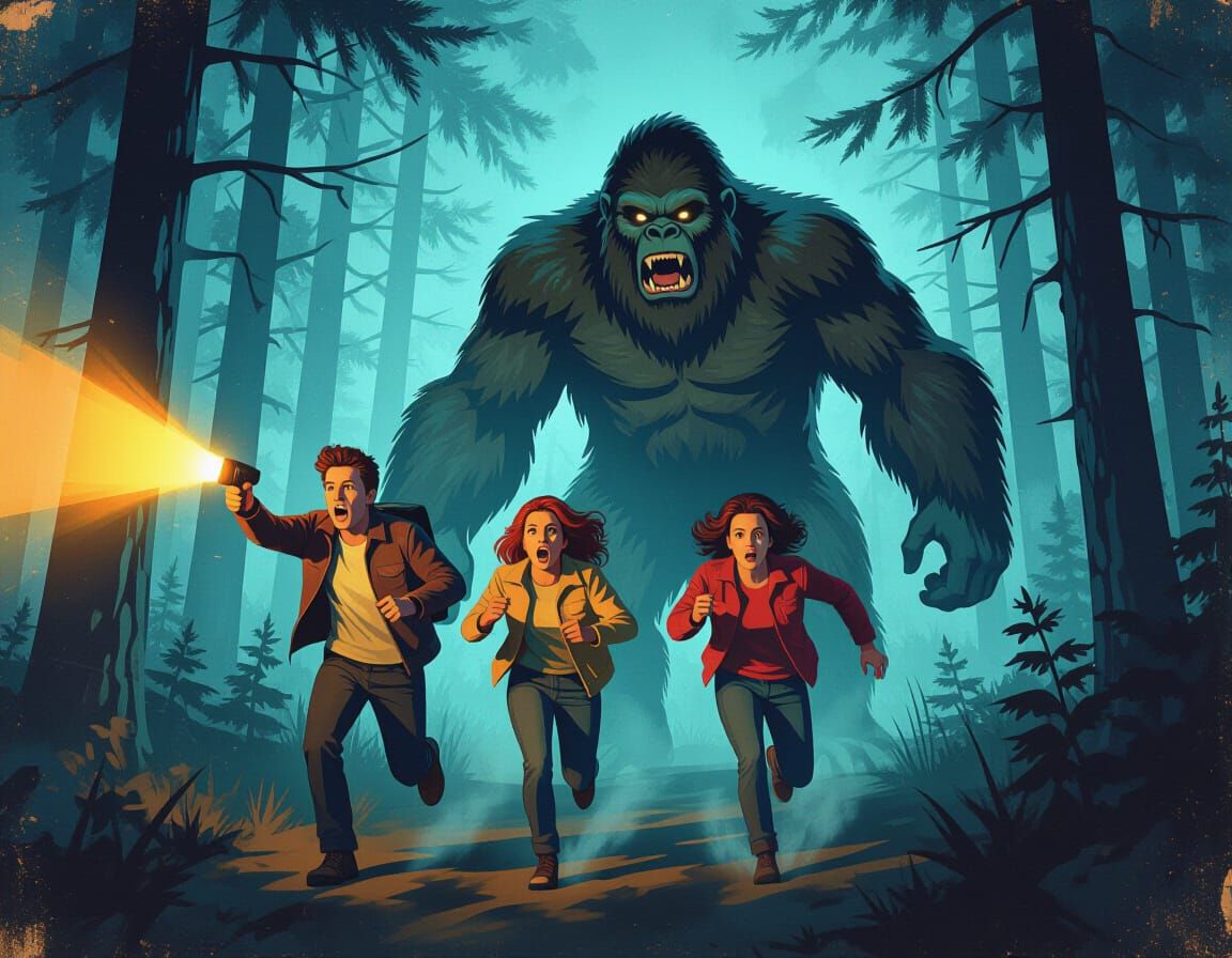 Terrified Friends Flee Sasquatch in 1980s Horror Style
