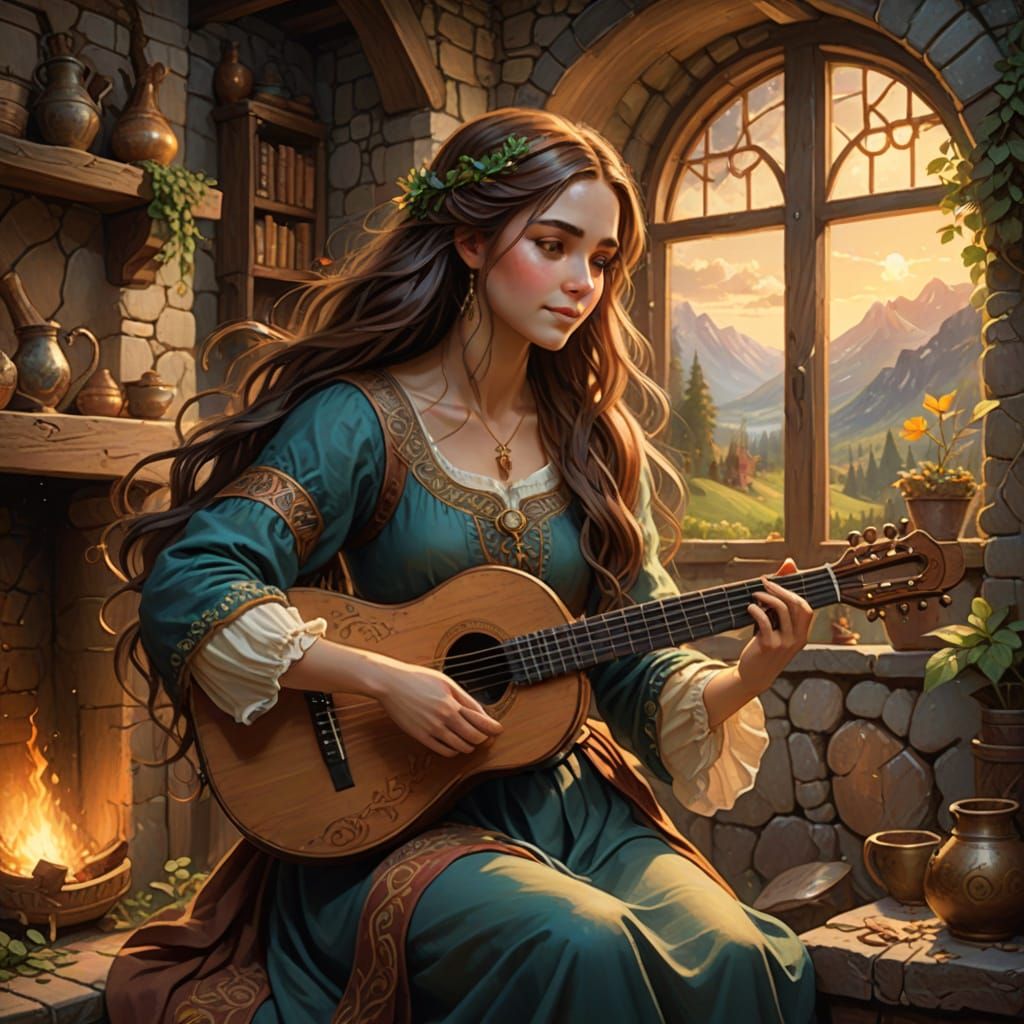 Warm Fantasy Inn Scene with Friendly Bard