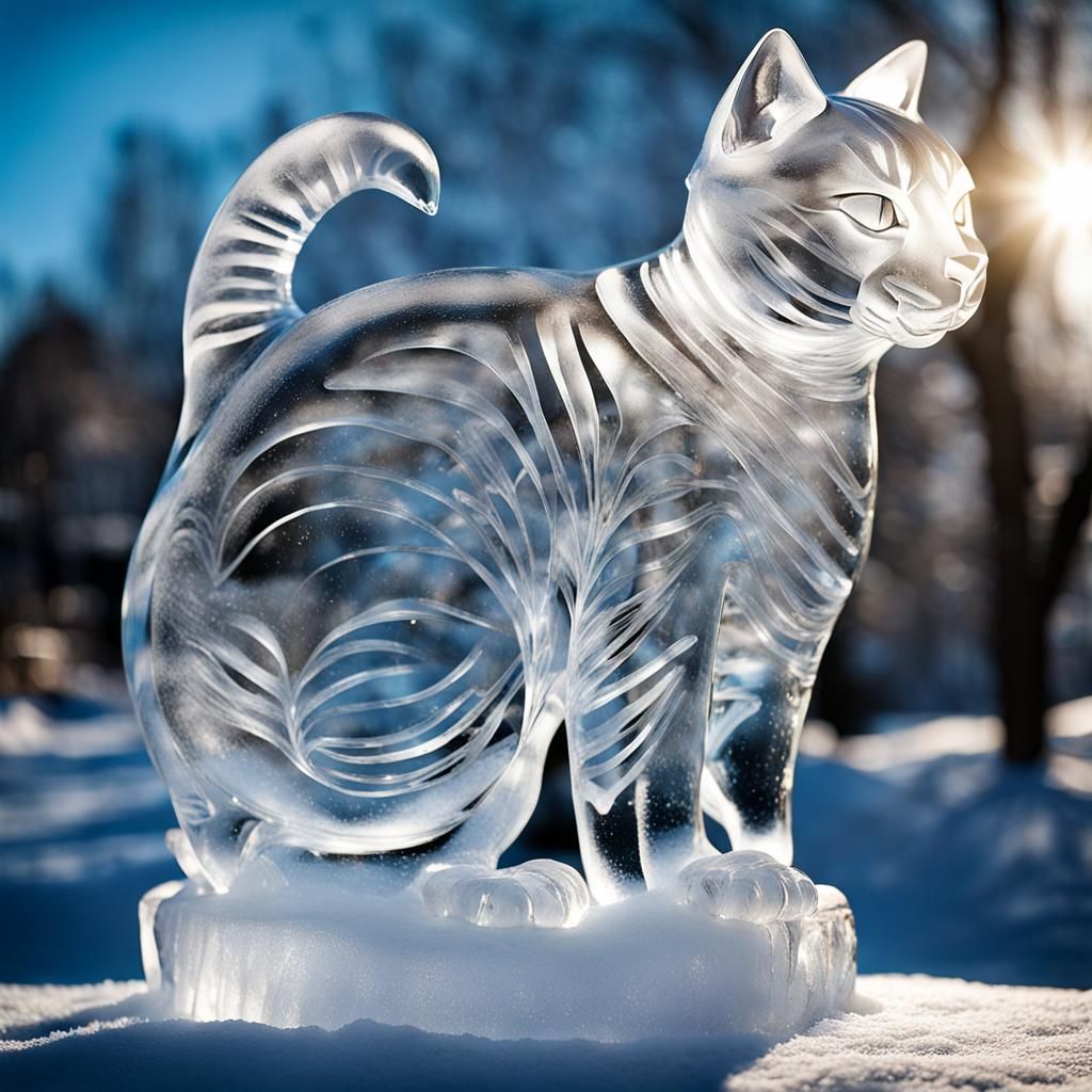 Detailed Ice Sculpture of a Cat