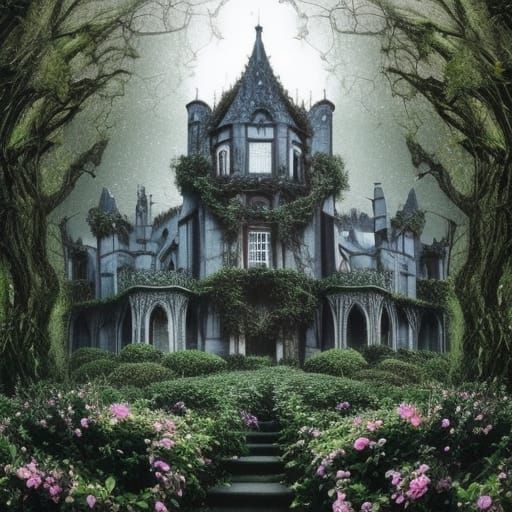 Ethereal Gothic castle covered in vines with Beautiful flowers blossom being all around it& ethereal vibes& magical vibe...