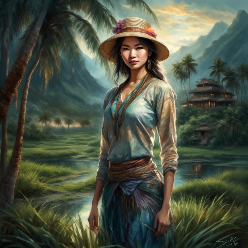 Rice Field Sunset: Mystical Watercolor Landscape