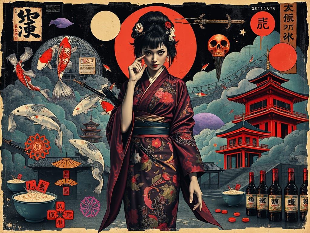 Mysterious Woman in Noir Japanese Scene as Vintage Poster