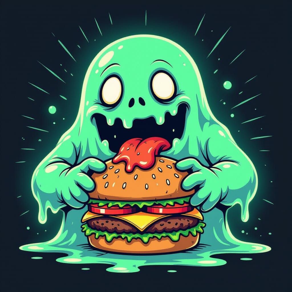 Spectral Ghost Eats Burger in Vector Art Style