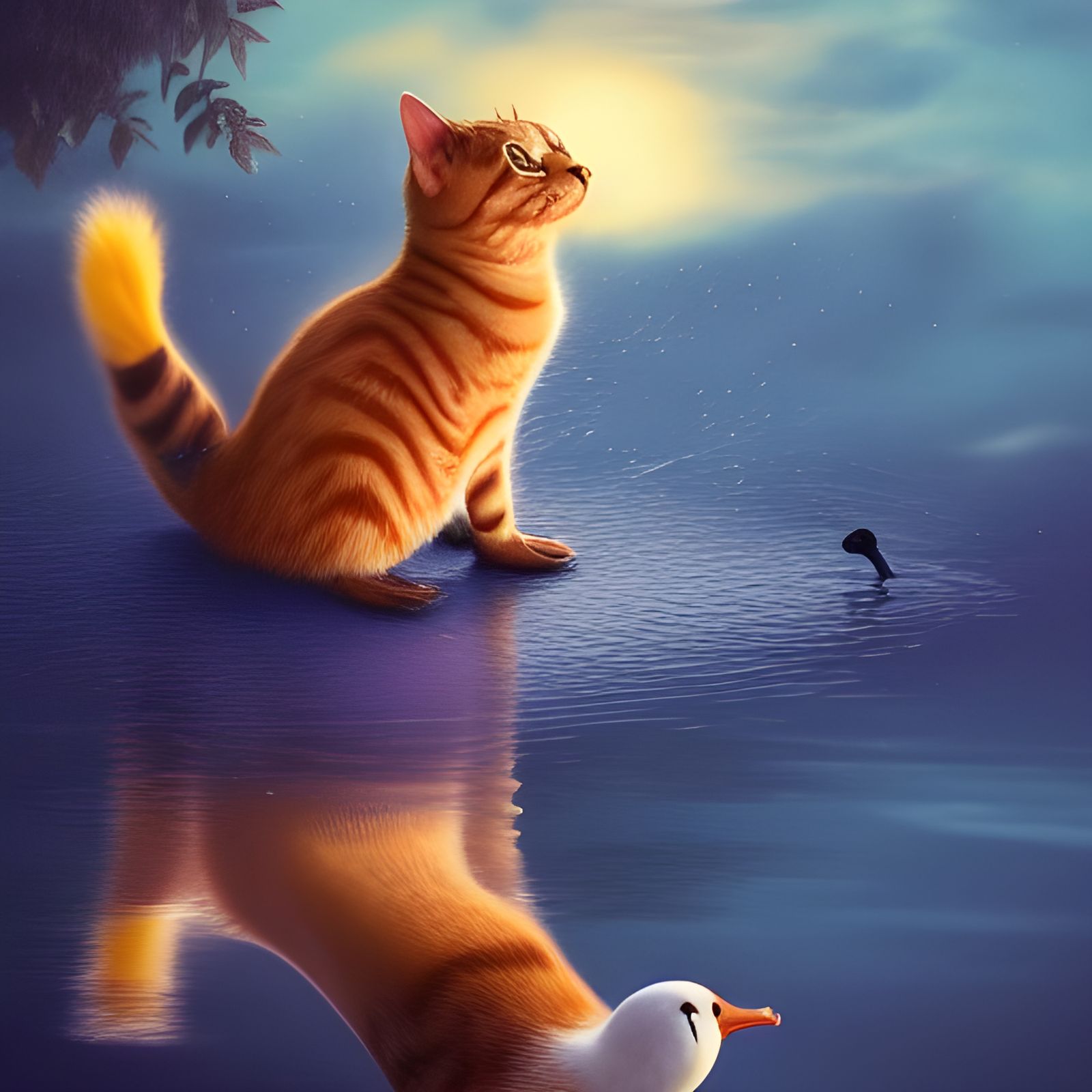Cat and Duck Play at Sunset: Fantasy Concept Art
