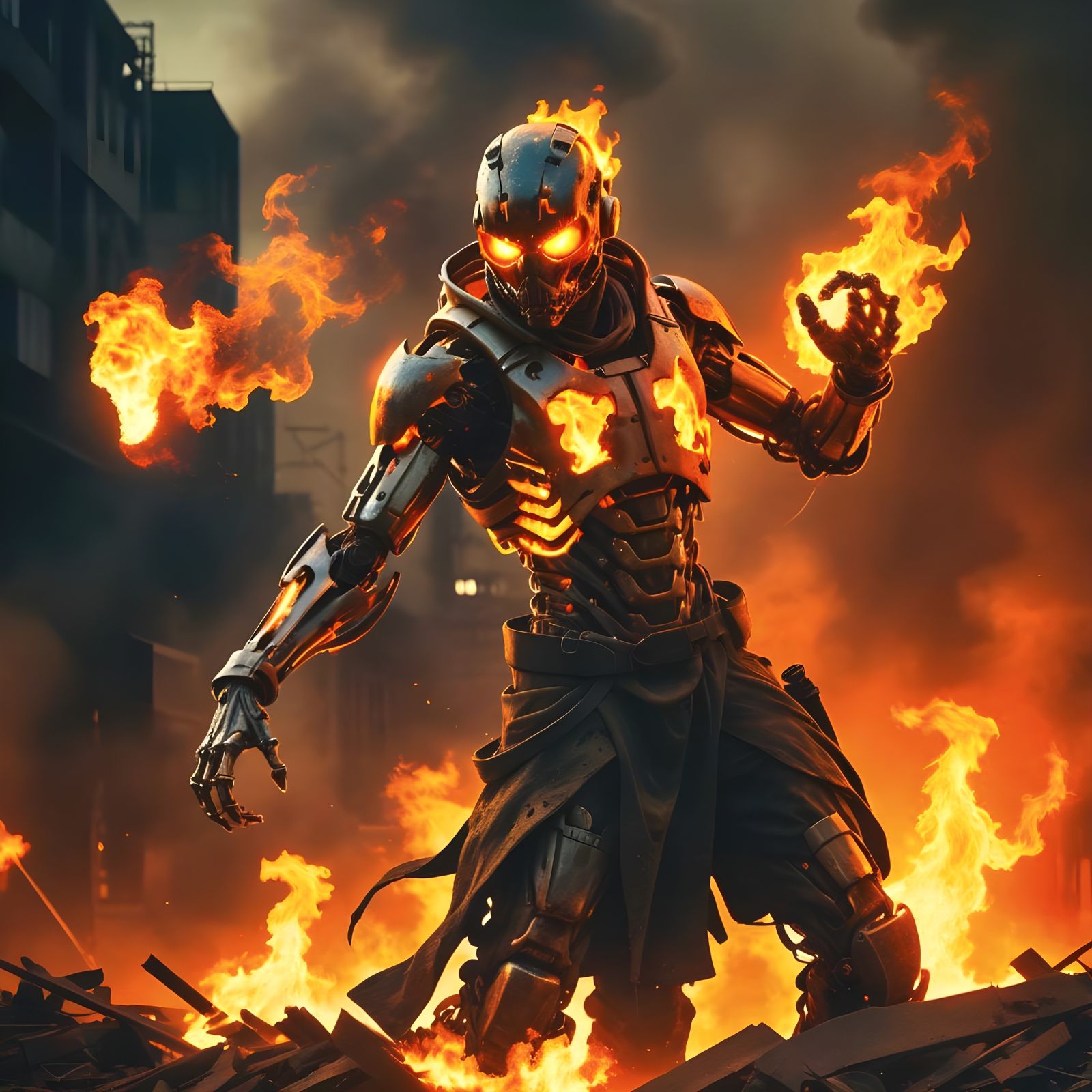 Fiery Humanoid in Dystopian Post-Apocalyptic Scene