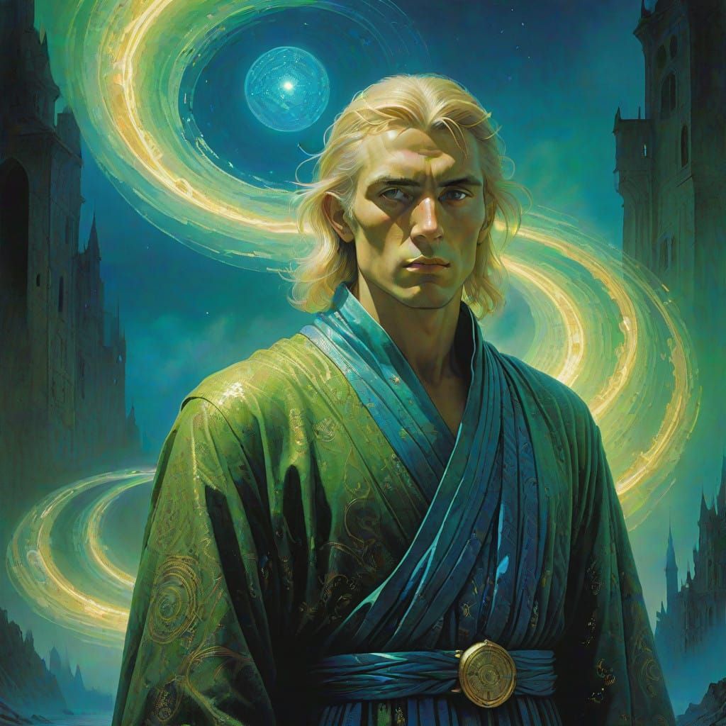 Enchanted Wizard in Shimmering Metallic Robe