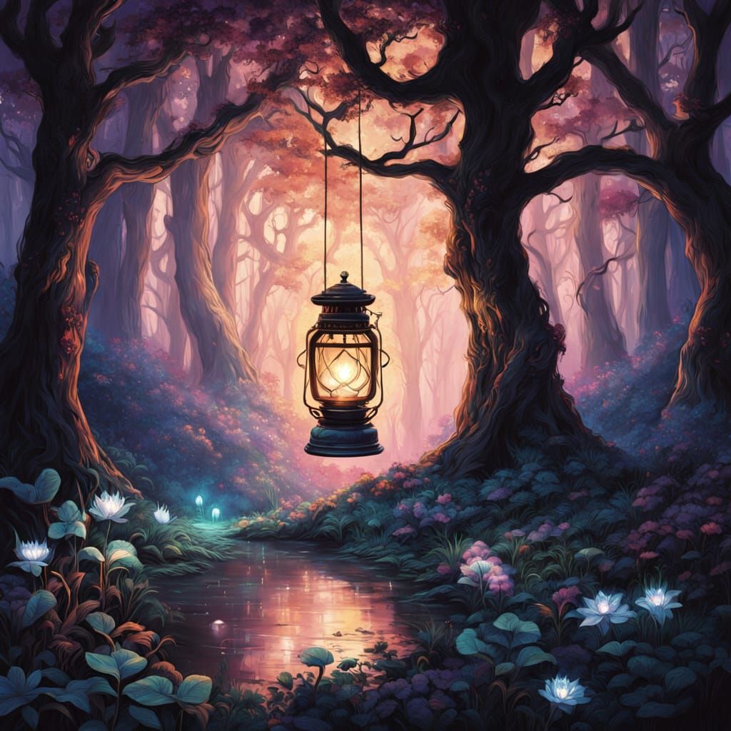 Mystical Lantern in Enchanted Forest Clearing