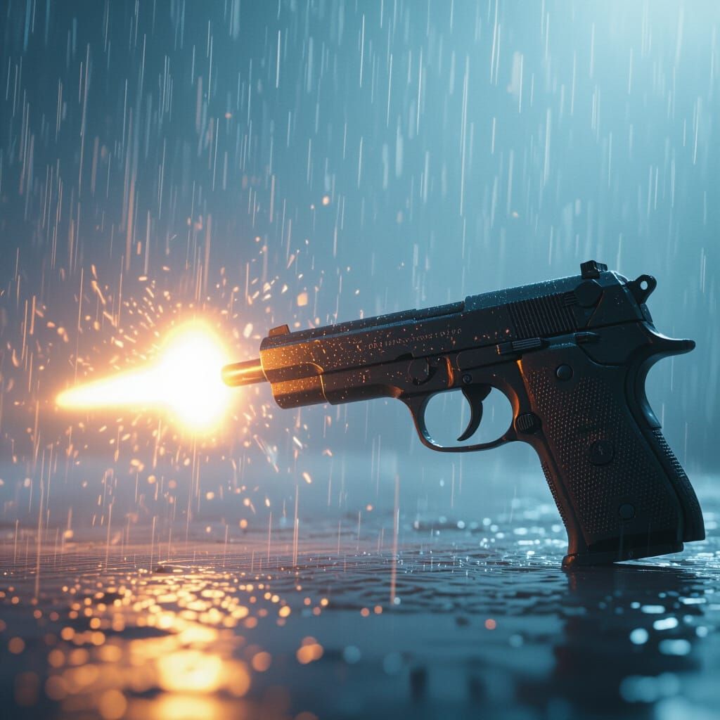 Pistol Firing Bullet in Heavy Rain, Cinematic Style