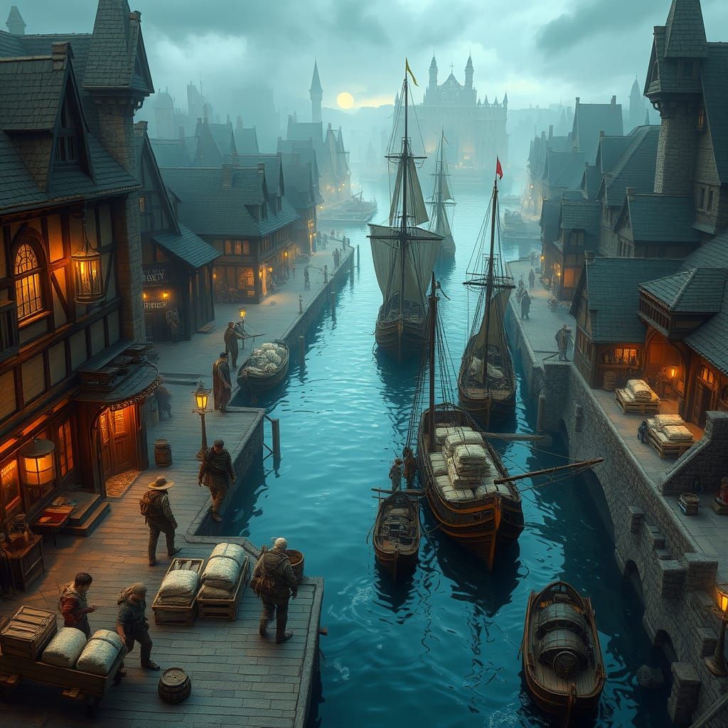 Bustling Fantasy City Dock in Ethereal Style