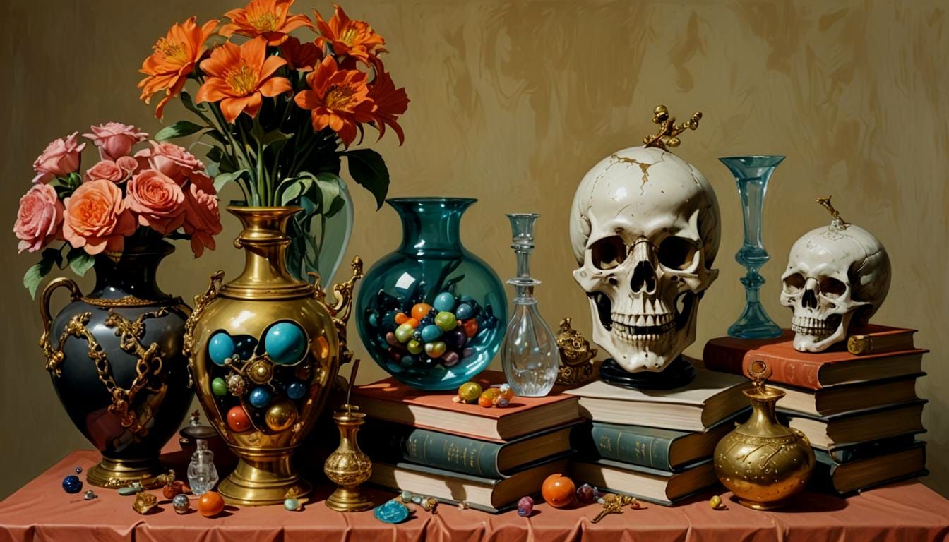 Vibrant Vanitas Still Life with Skulls and Flowers