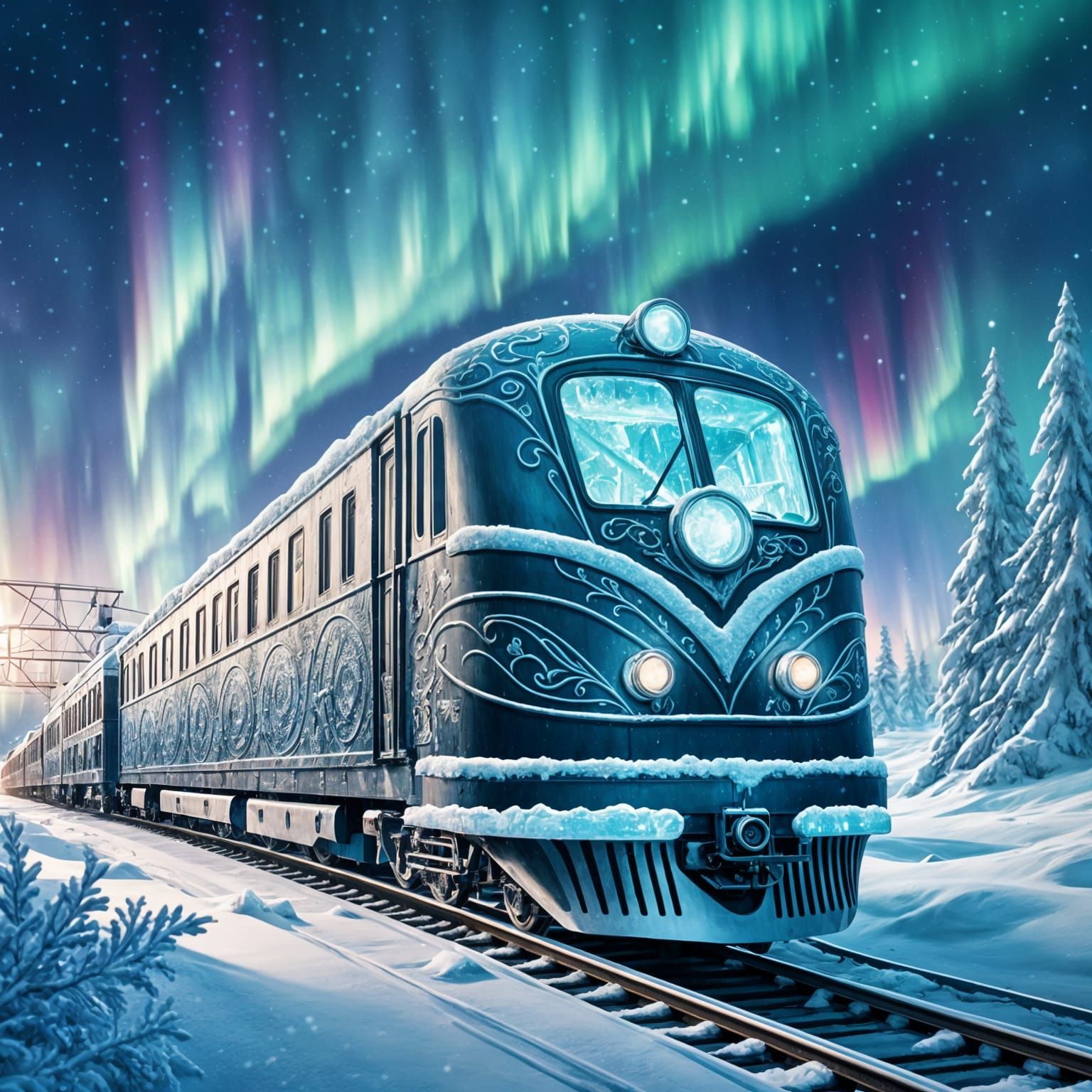 Magical Ice Train Under Aurora Borealis