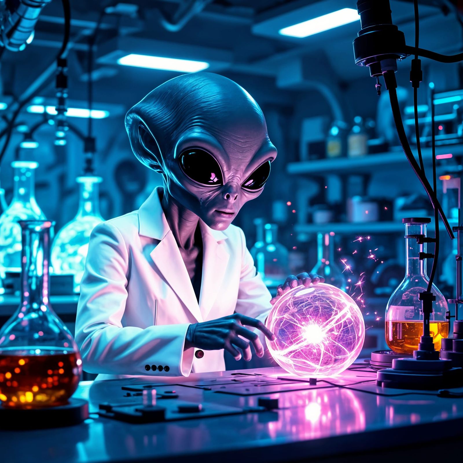 Alien Scientist in Retro Lab Bending Space-Time