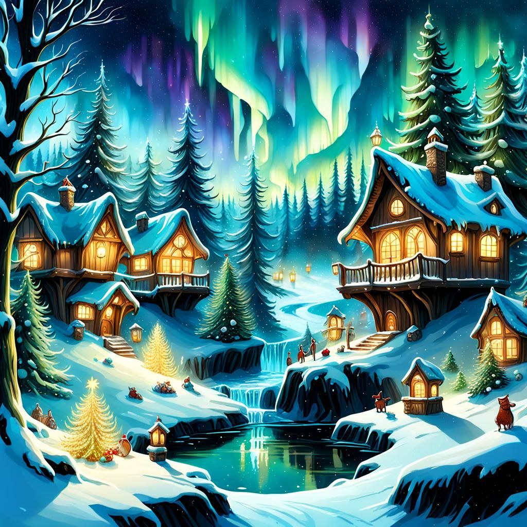 Magical Christmas Land with Northern Lights