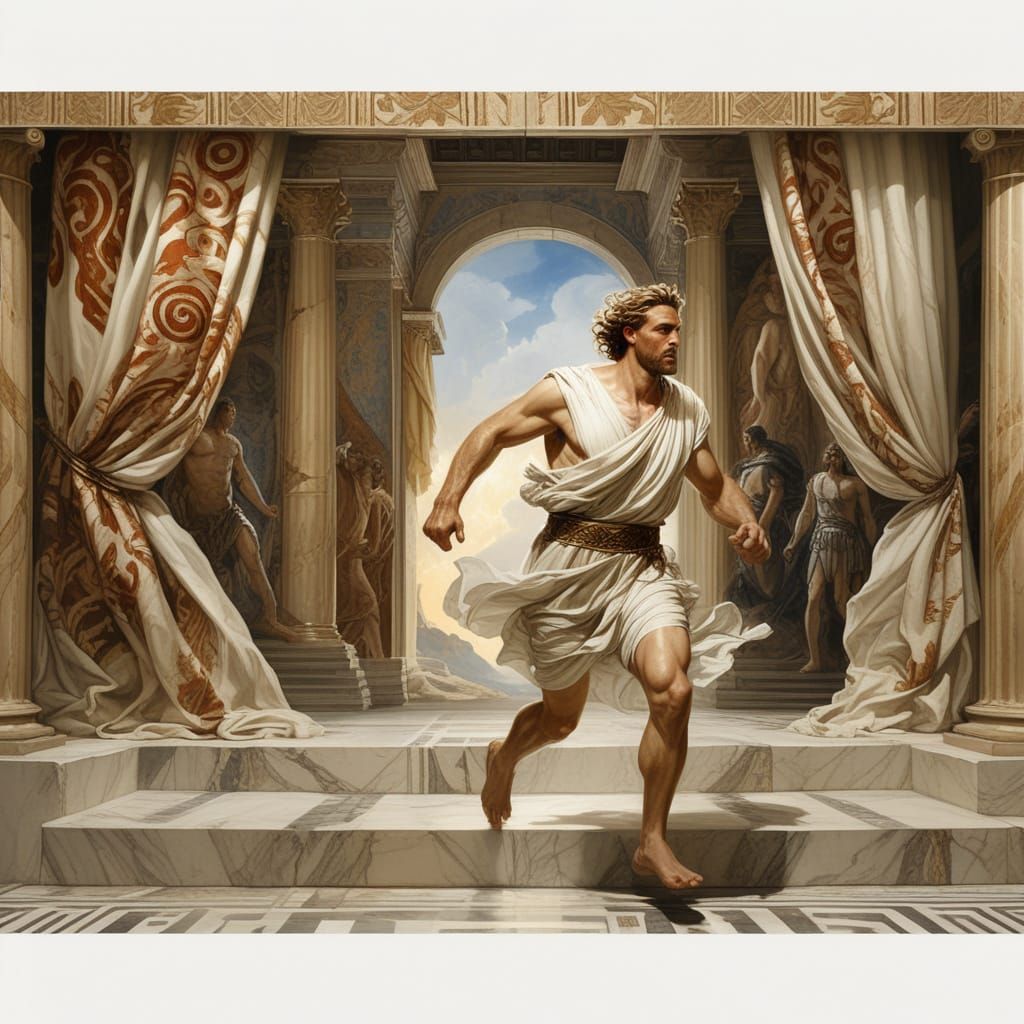 Ancient Greek Noble Flees Palace in Botticelli Style