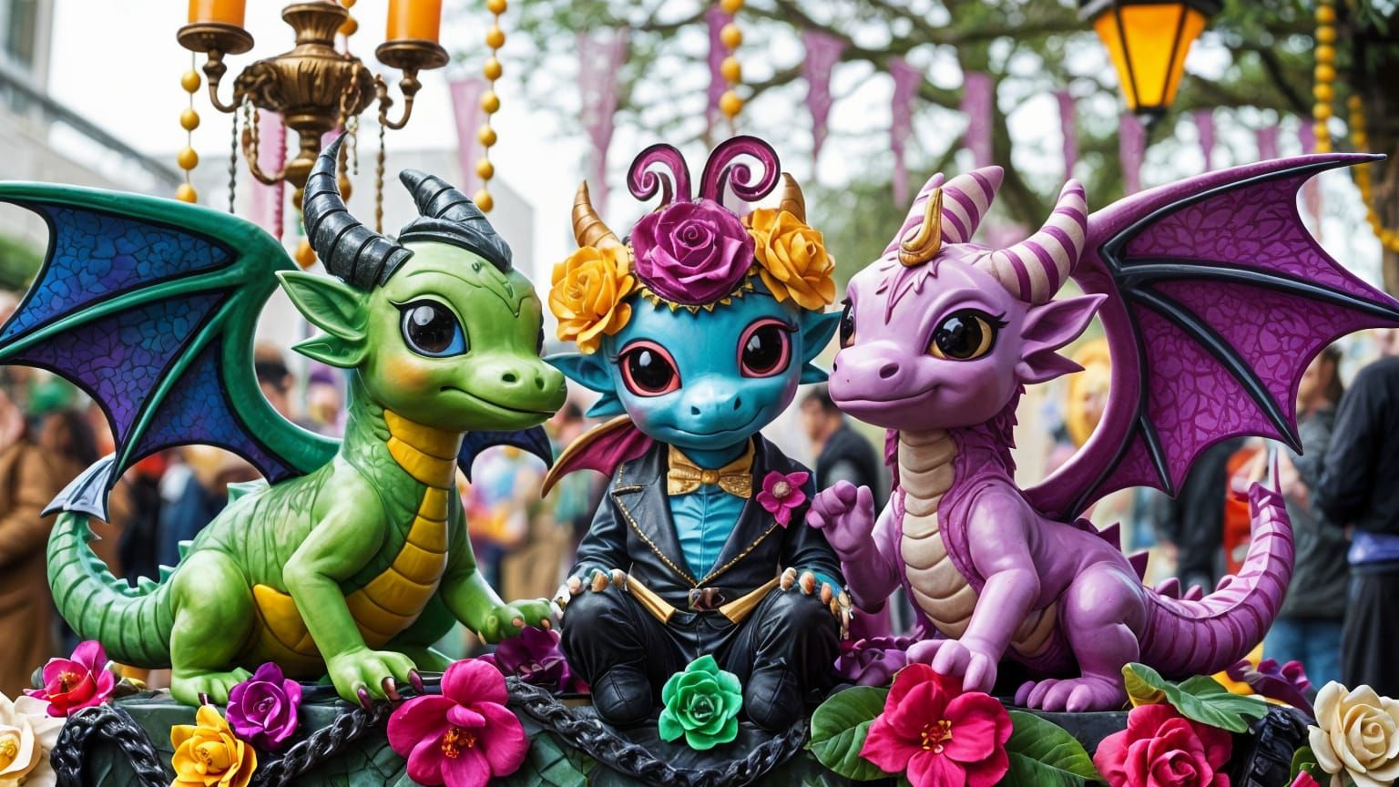 Vibrant Mardi Gras Scene with Chibi Gothic Dragons