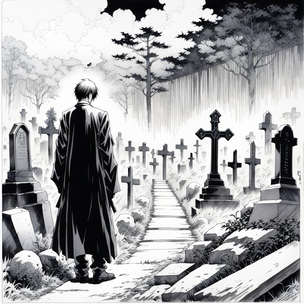 Light Yagami in Ominous Graveyard, Ink Art