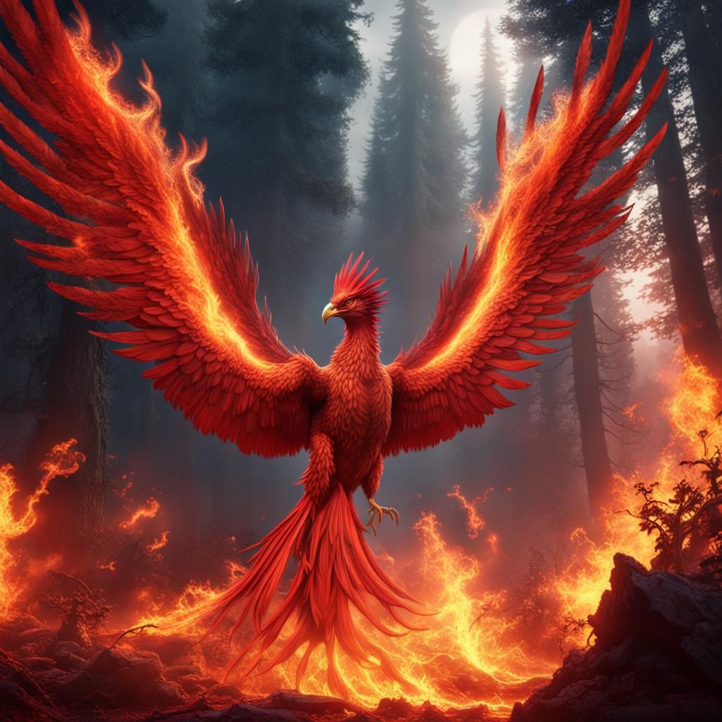 Red Phoenix Rising from Burning Forest