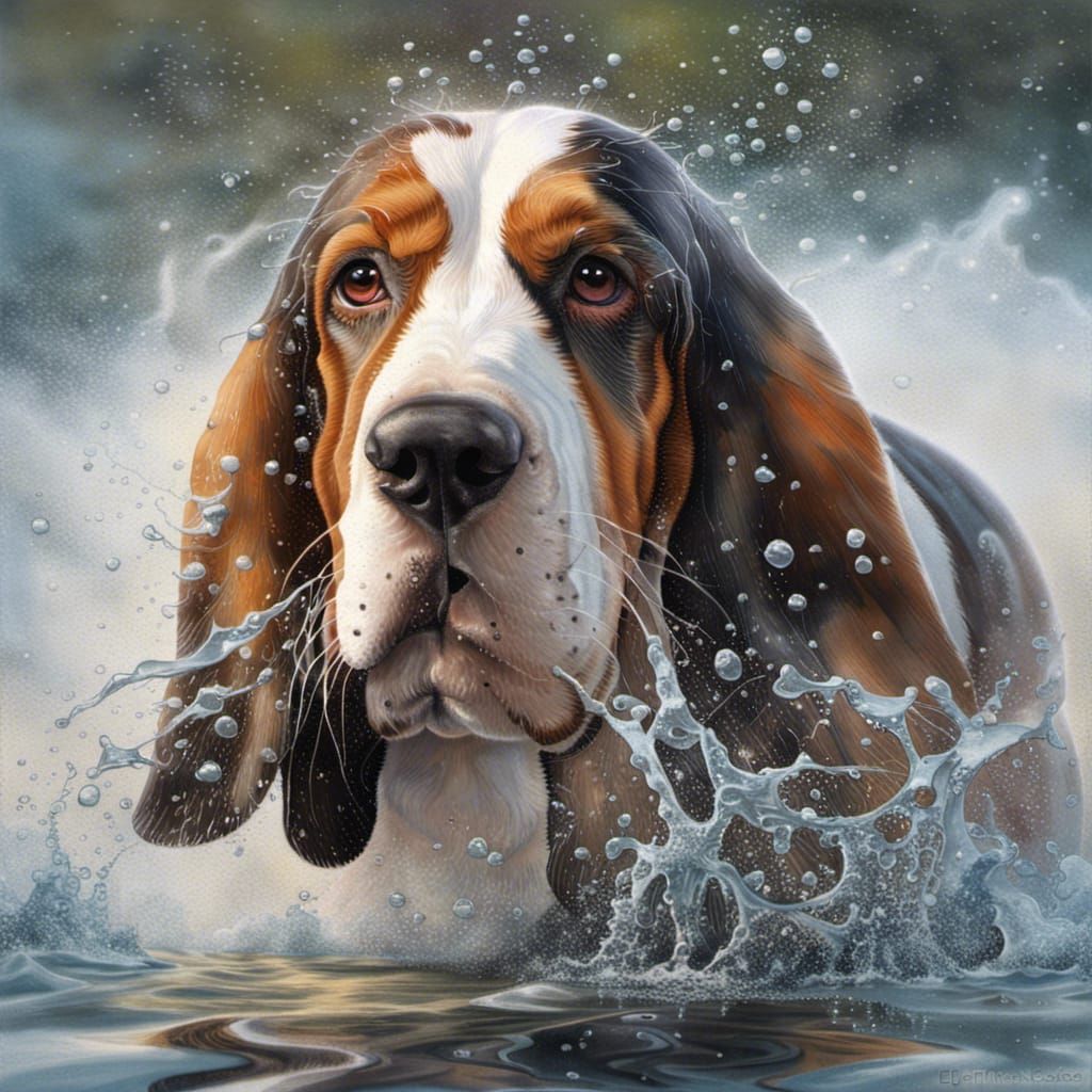 Basset Hound Splashing: Hyperrealistic Ethereal Fantasy