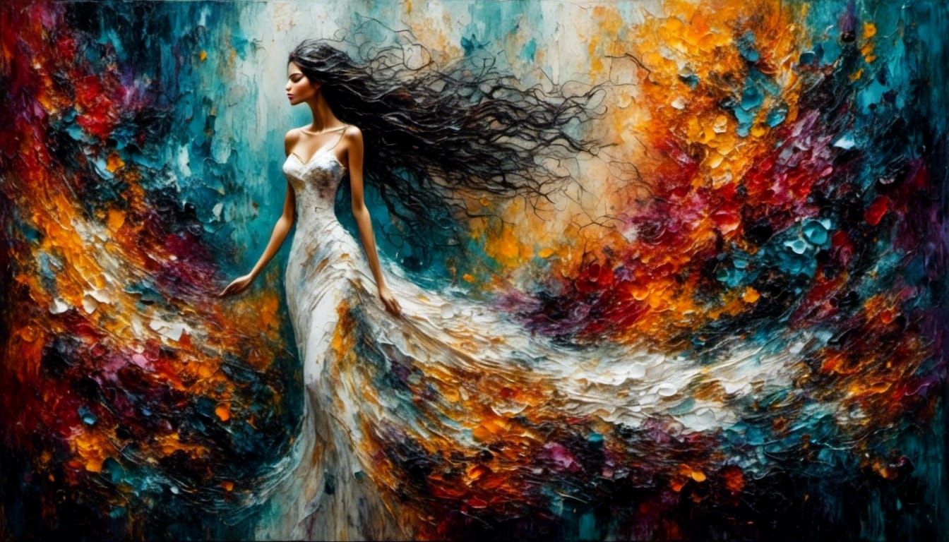 Woman in White Gown Over Acolytes, Impasto Painting