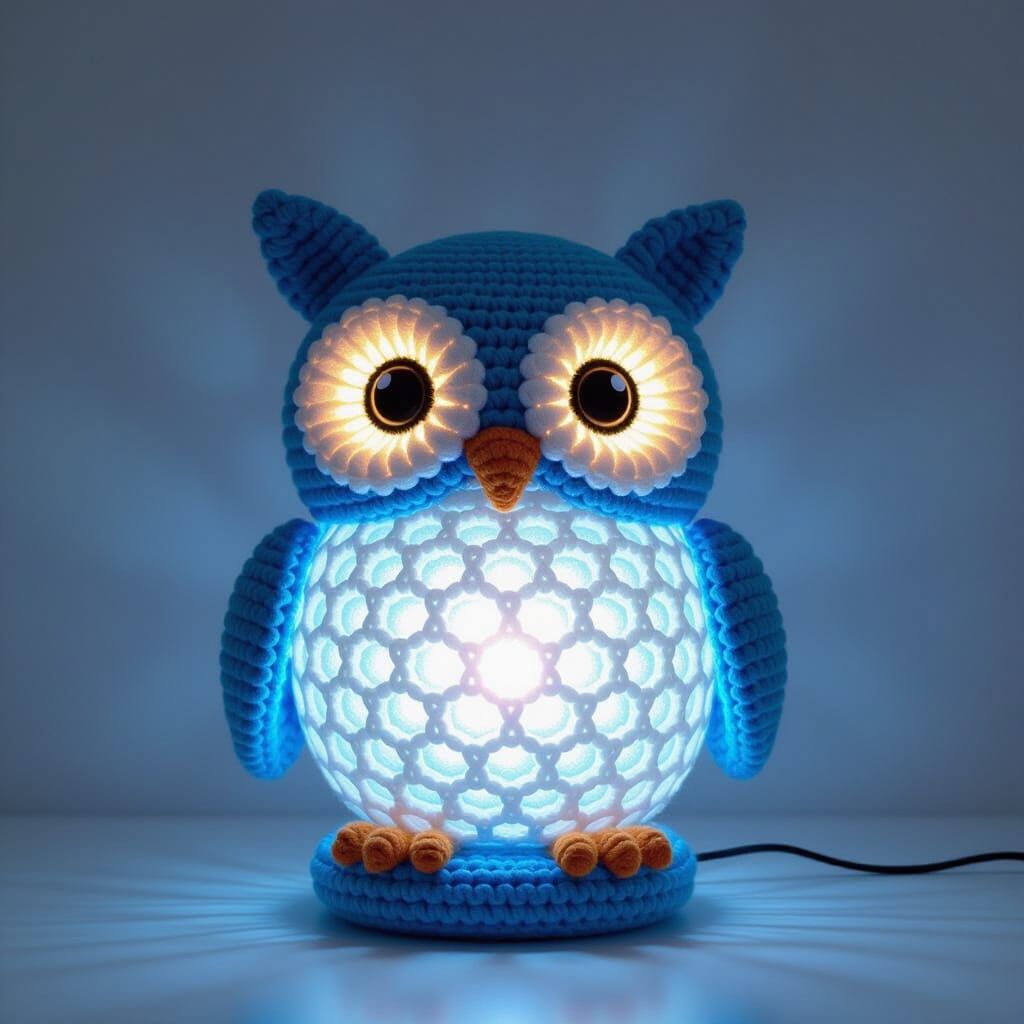 Luminous Crochet Owl Sculpture in Yarn