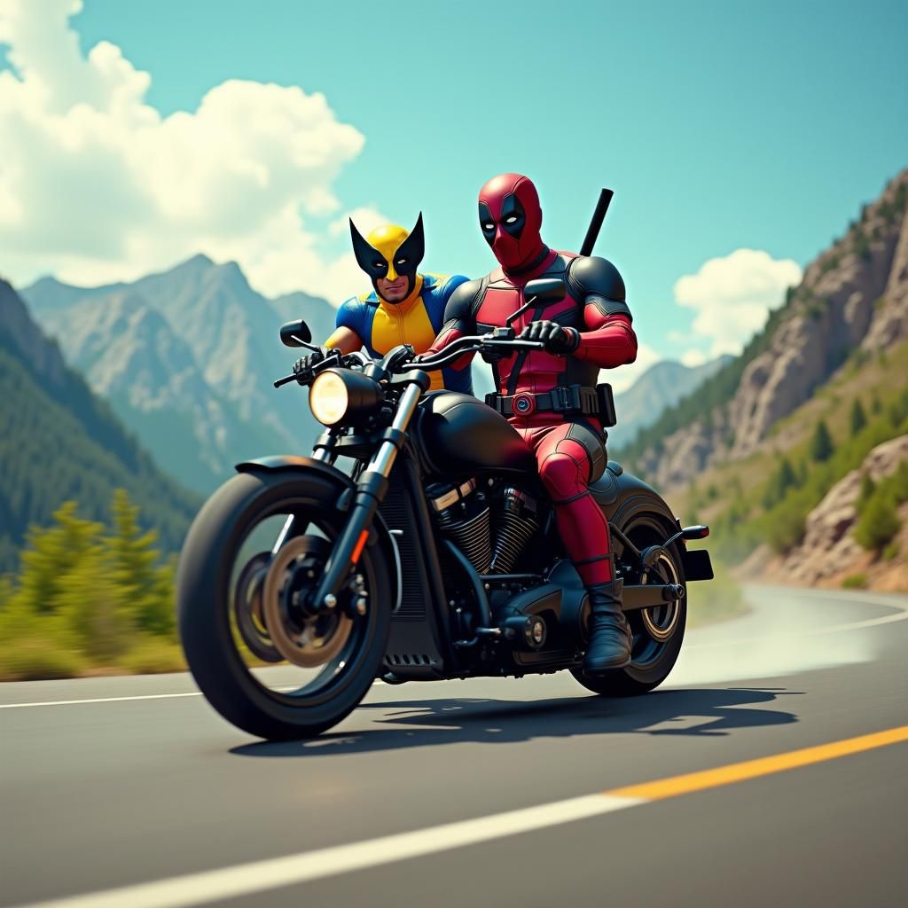 Deadpool and Wolverine Ride Motorcycle on Mountain Road