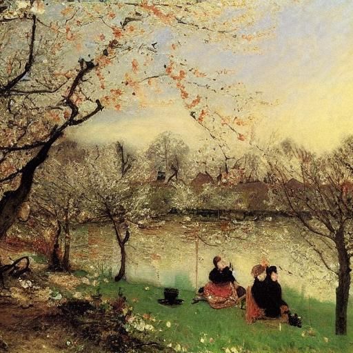 Vampires Admire Cherry Blossoms: Impressionist Garden Scene