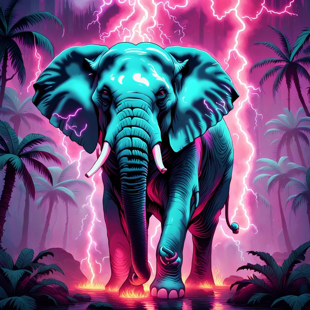 mythical vaporwave elephant in a misty jungle