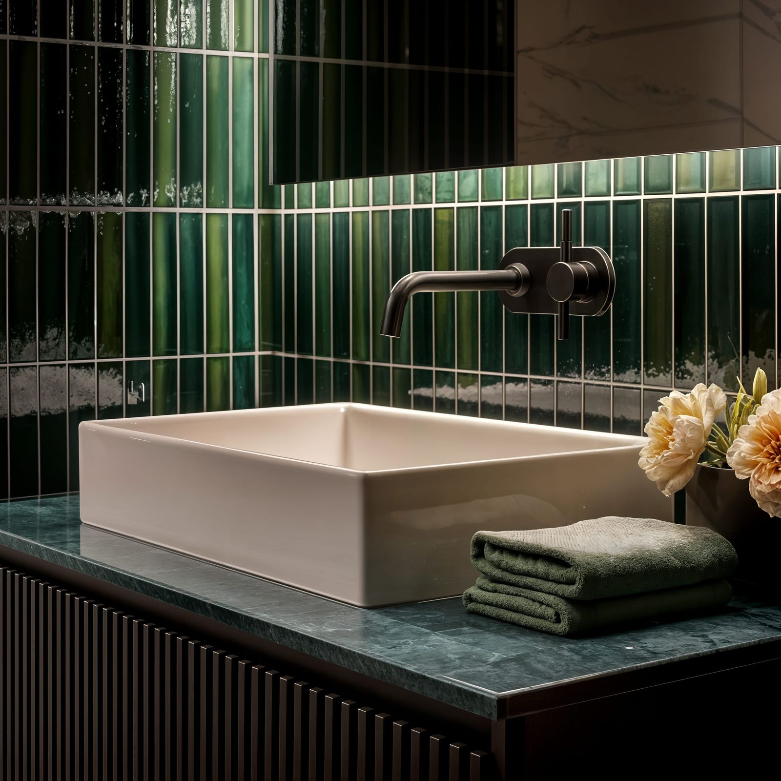Modern Bathroom Sink with Elegant Dark Green Tiles and Cream...
