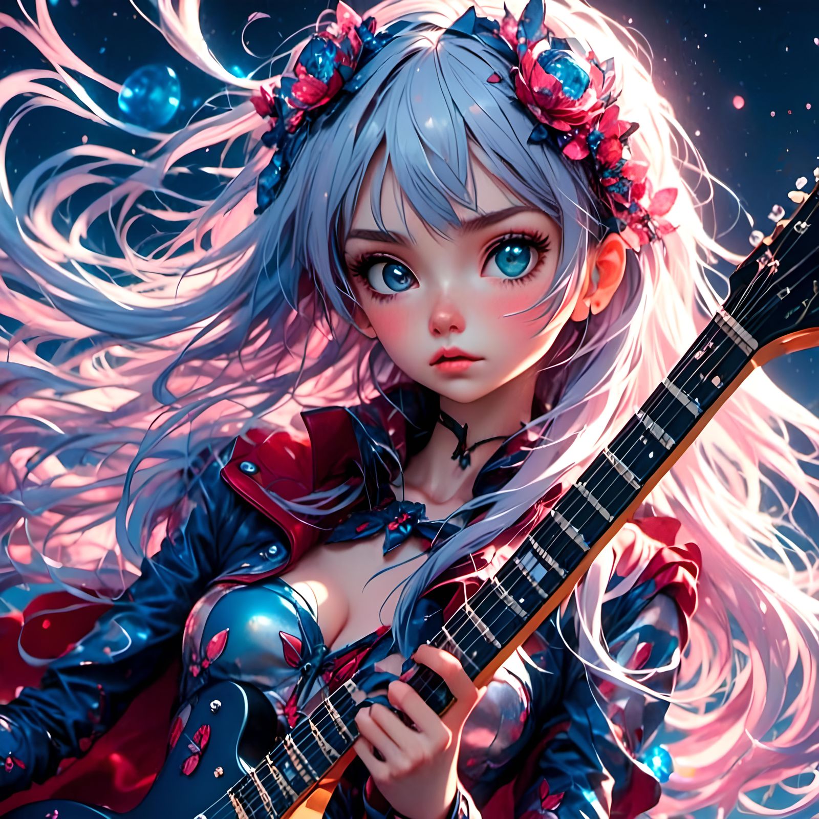 Miniature Woman with Electric Guitar in Cartoon Style