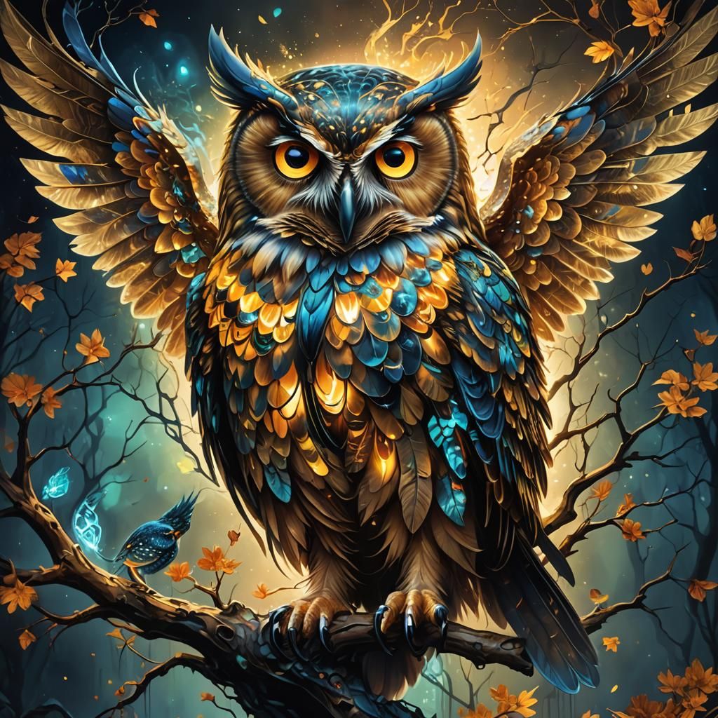 Translucent Owl Totem in Bioluminescent Magic Realism