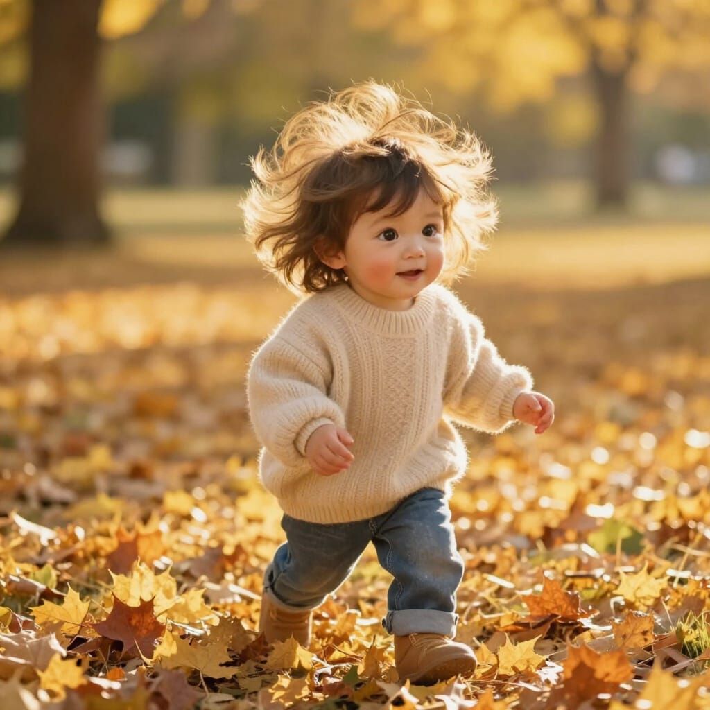 Adorable Child Playing in Autumn Park at Golden Hour