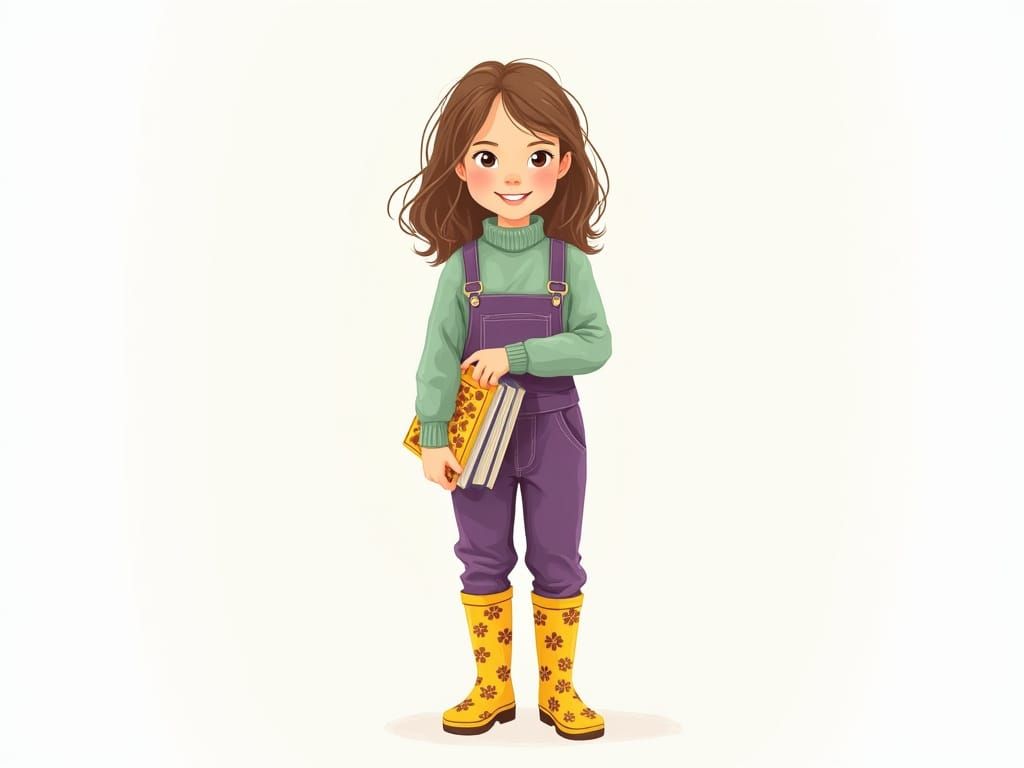 Girl with Books in Purple Jumpsuit Illustration