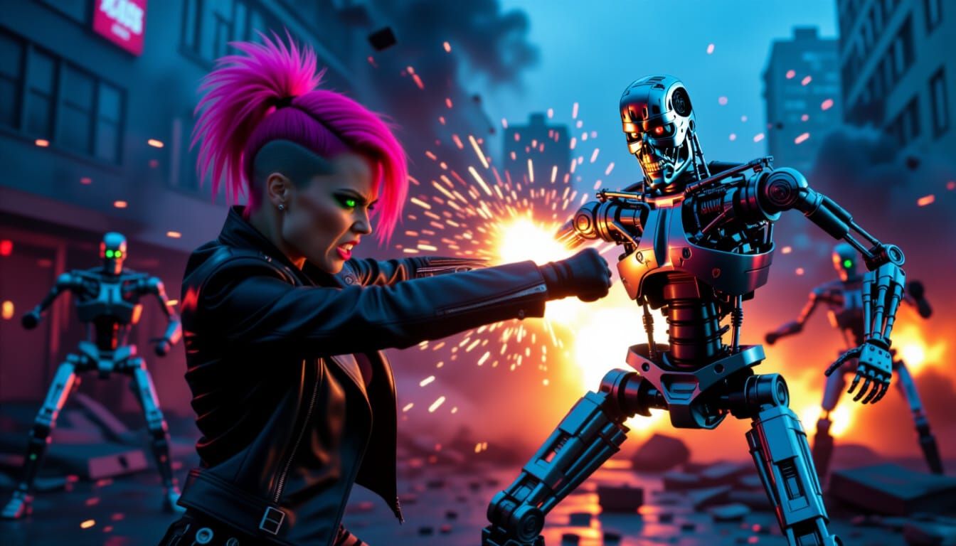 Action Heroine Shatters Terminator in Ruined City