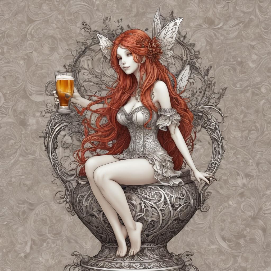Red-Haired Fairy on Beer Mug with Fractal Elements
