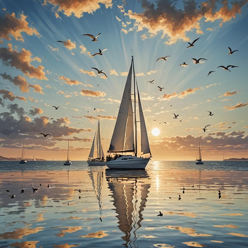 Dreamlike Seascape Impressionism with Sailboat Reflection
