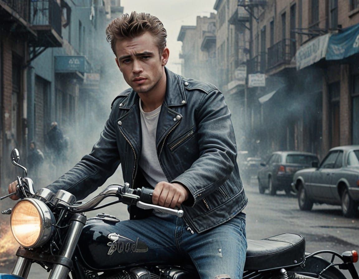 Moody James Dean Portrait in Classic Motorcycle Setting