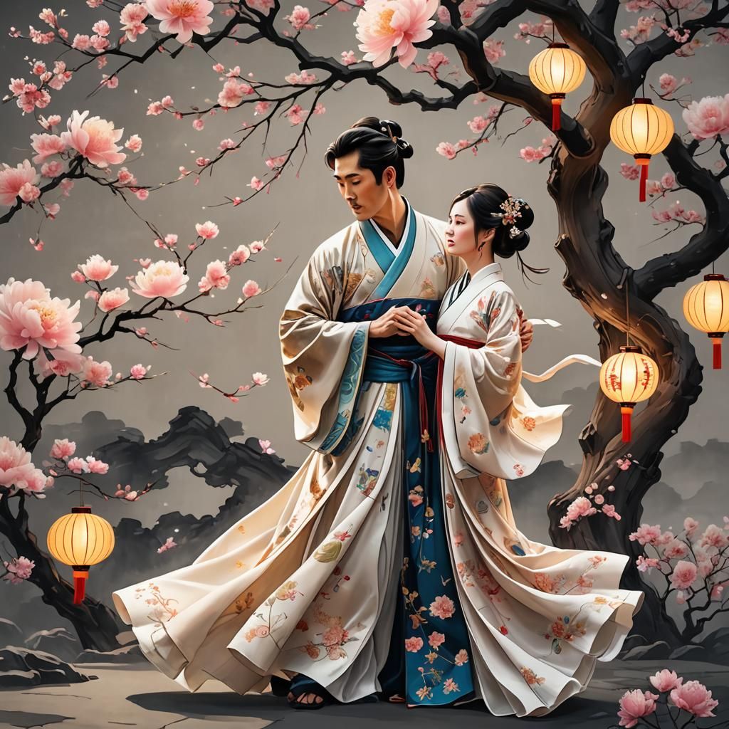 Romantic Embrace Under Blossoming Tree at Night