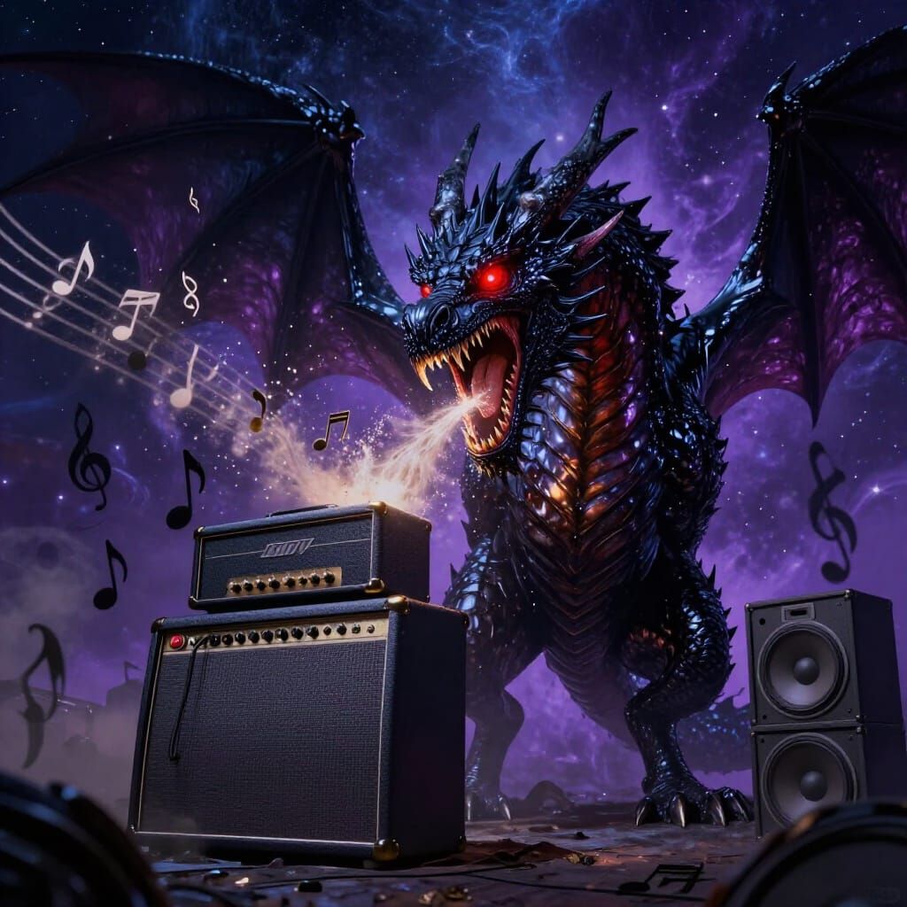 Obsidian Dragon Devours Music in Cosmic Fantasy Art
