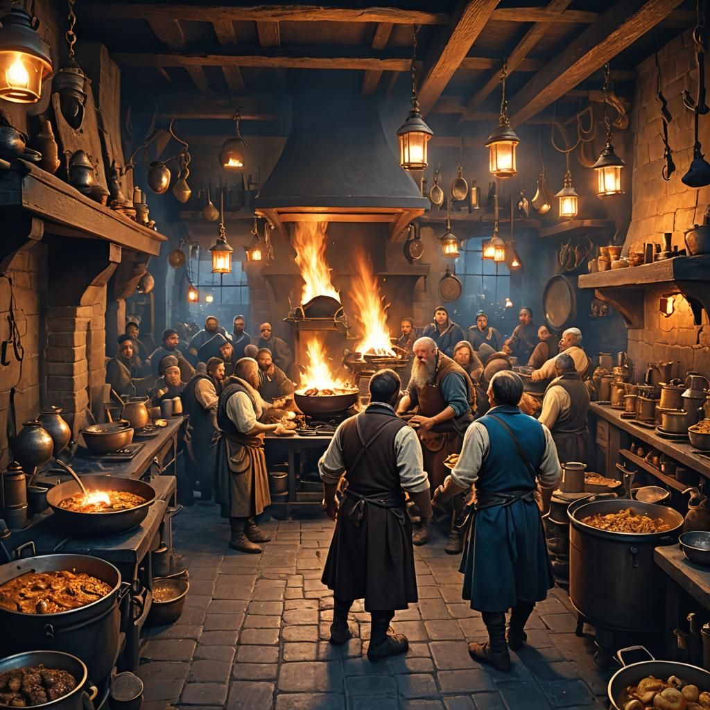 Dwarven Inn Kitchen with Torchrunner, Fantasy Concept Art