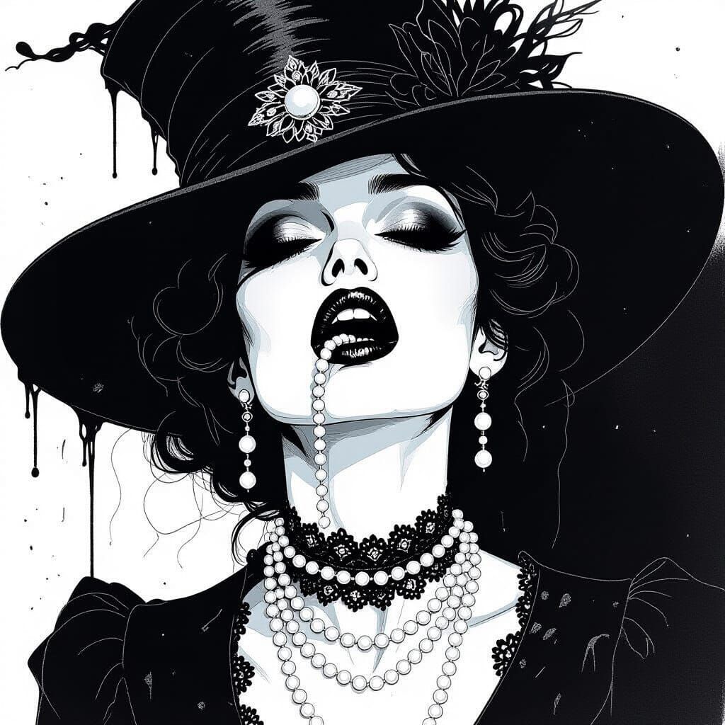 Woman Bites Pearl Necklace in Expressive Ink Style