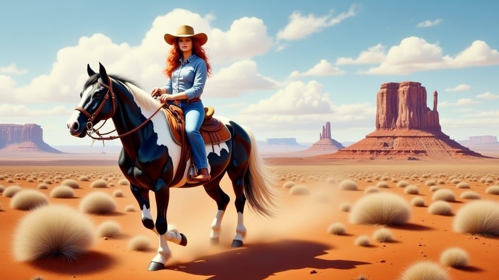 Cowgirl Rides in Monument Valley as Oil Painting