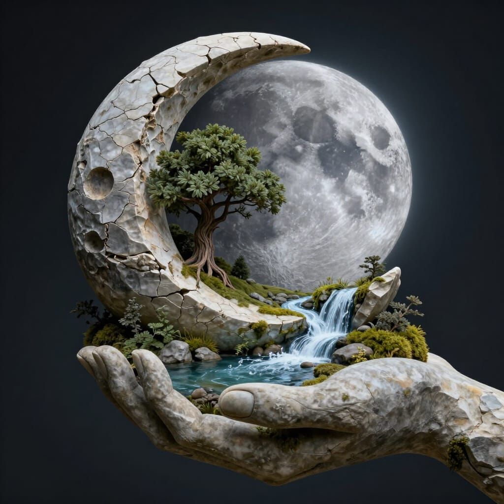 Surreal Stone Hands Holding Miniature Landscape Scene