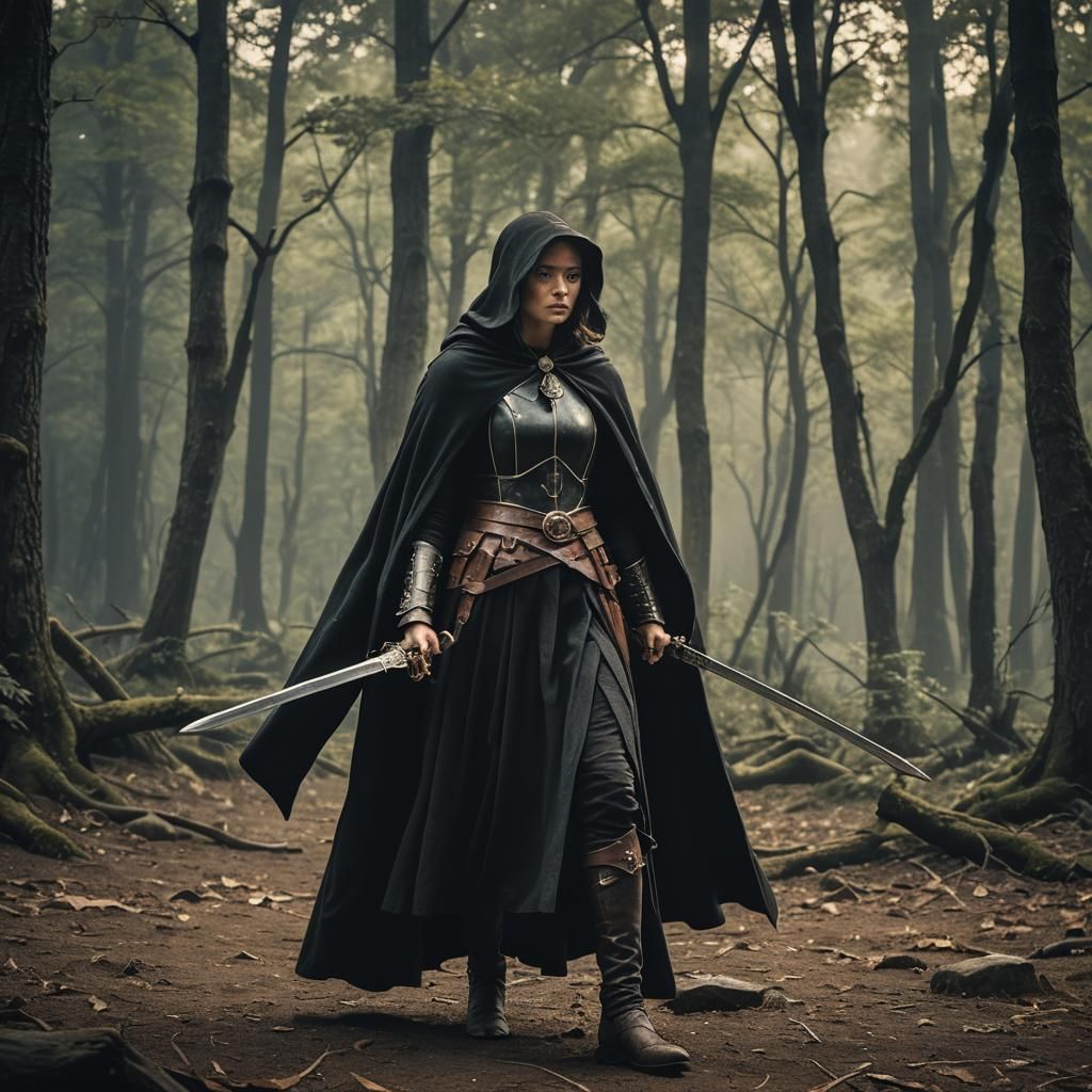 Cinematic Female Warrior with Sword and Bow