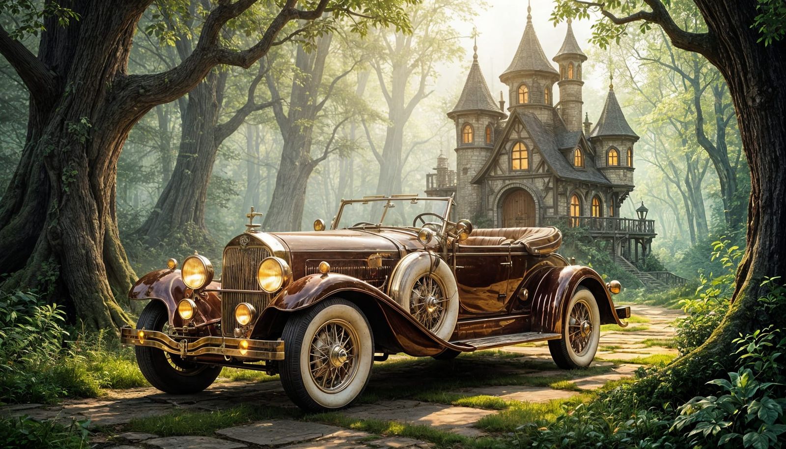 Steampunk Antique Car and Fairy Cottage in Enchanted Forest