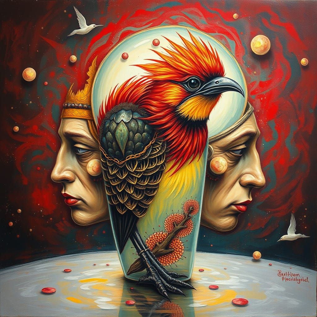 Enigmatic Surrealist Scene in Oil Red with Vibrant Textures