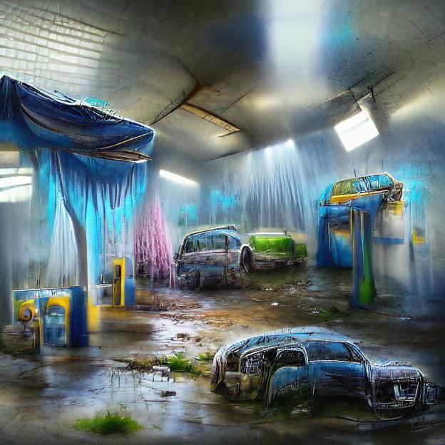 Hyperrealistic Abandoned Car Wash Concept Art