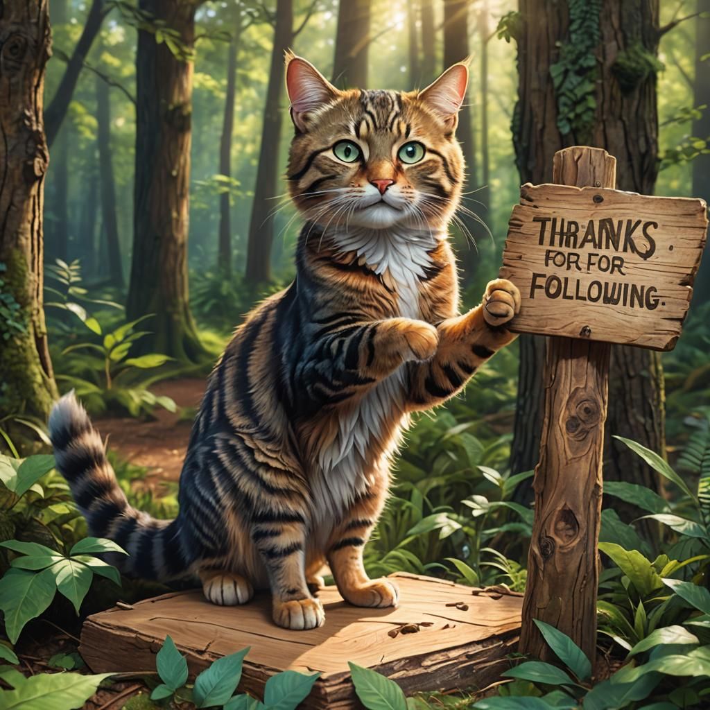 Cute Cat Thanks Followers in Hyperrealistic Forest